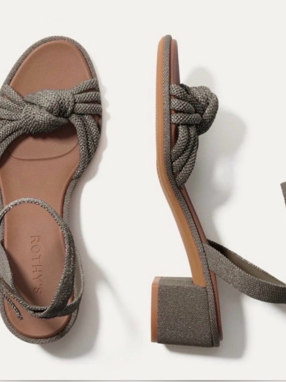 Rothy's Metallic Knot Ancle Strap Block Heel Sandals Silver Sand Sz. 7